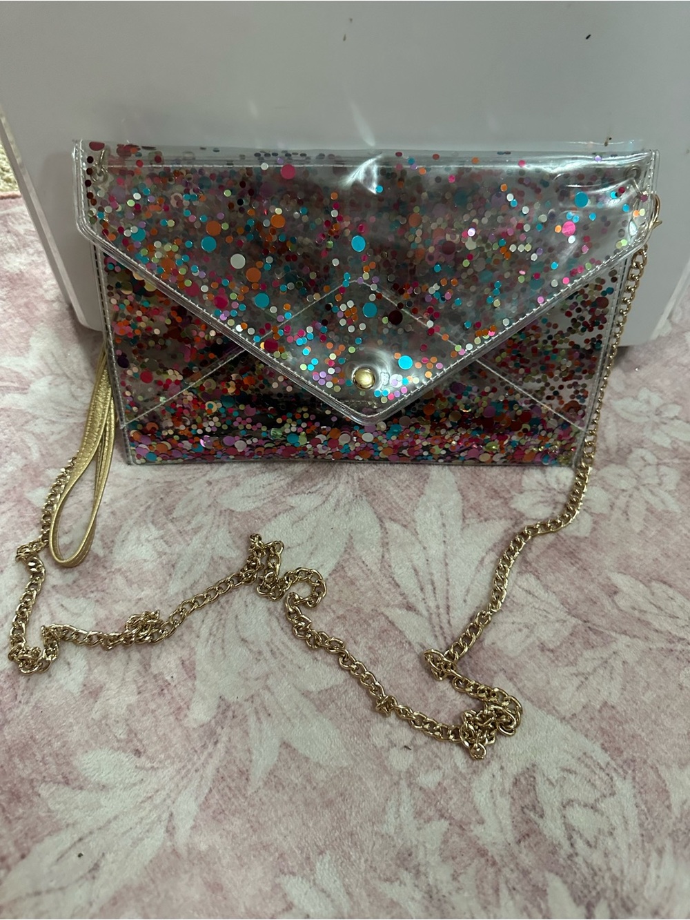 Clear Multicolor Glitter Envelope Crossbody Bag with Gold Chain